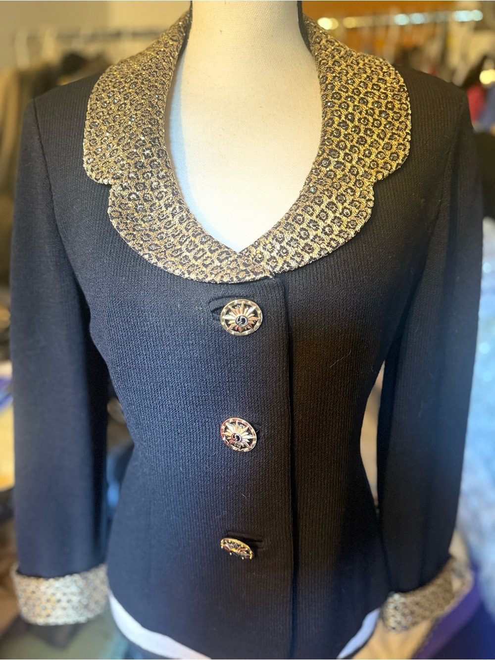 St. John Black Jacket with Gold-Patterned Scalloped Collar